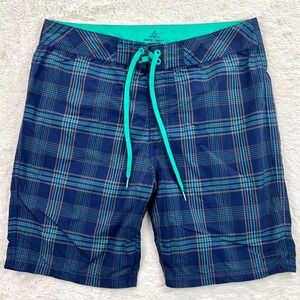PrAna Swim Trunks Board Shorts Men's 34 Blue & Teal Plaid UPF 50+ Nylon Swimwear